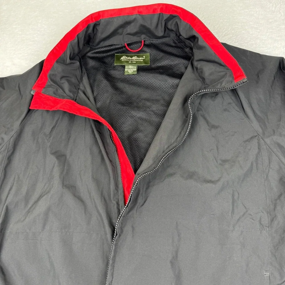 Eddie Bauer Windbreaker Mens XL Black Full Zip Packable Hood Mesh Lined Jacket